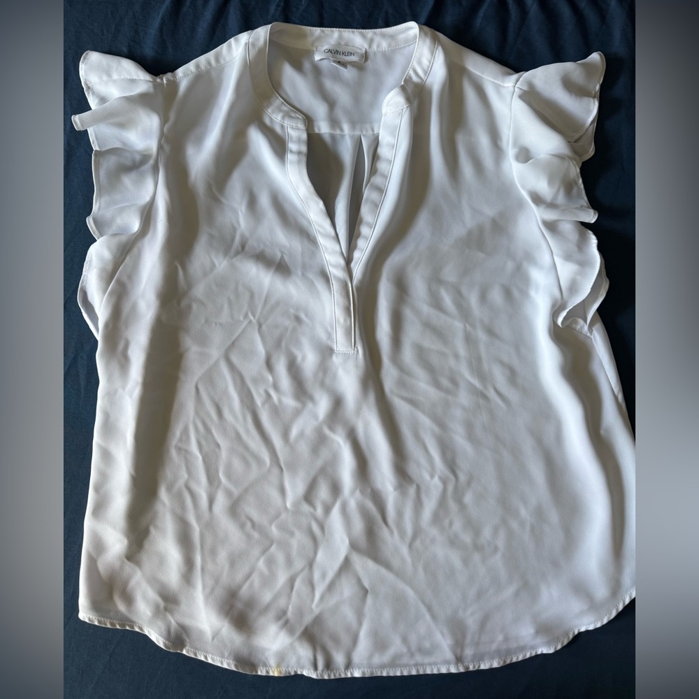 Calvin Klein Cream Ruffled Mandarin Collar Blouse